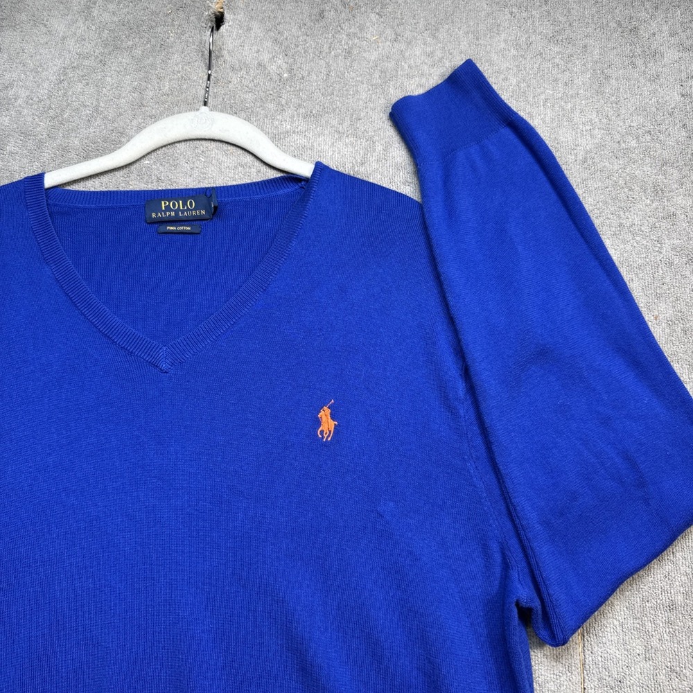 Polo Ralph Lauren Men's Blue V Neck Pima Cotton Sweater Pullover Size‎ Large